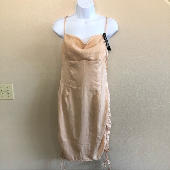 PrettyLittleThing Champagne Satin Cowl Ruched Side Strappy Bodycon Dress Sz 4 - Picture 1 of 16